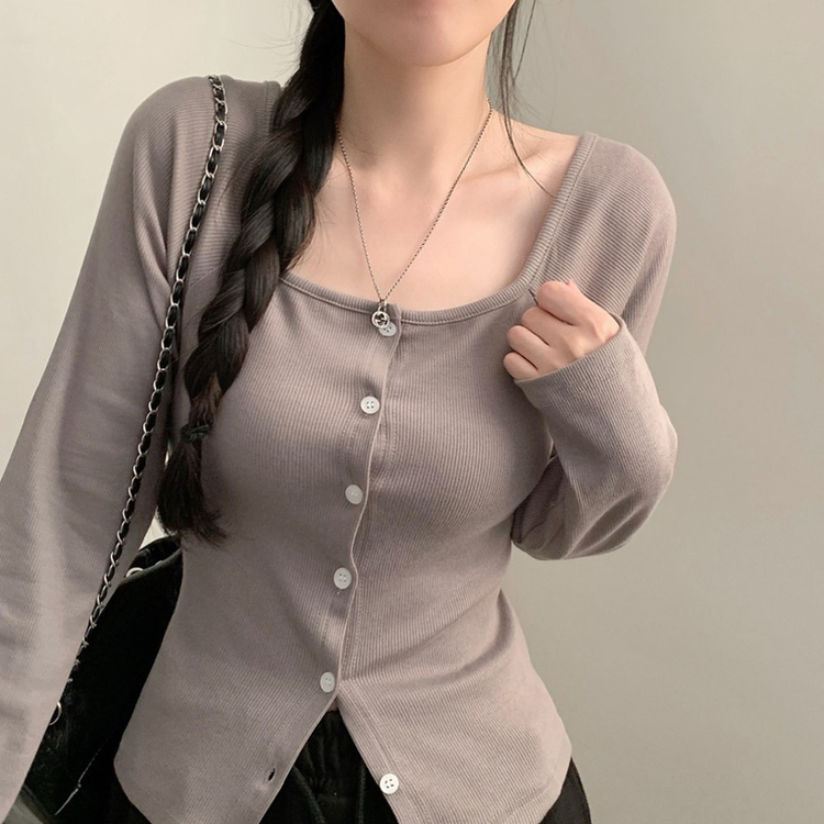スクエアネック長袖カーディガンTシャツ MOCHA