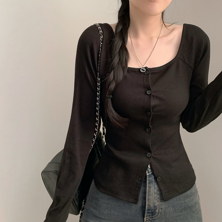 スクエアネック長袖カーディガンTシャツ BLACK