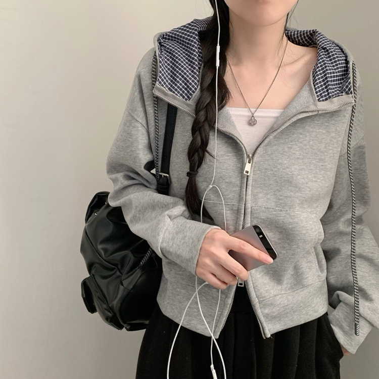チェックハイネック2wayフードパーカー GREY
