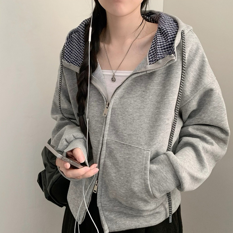 チェックハイネック2wayフードパーカー GREY