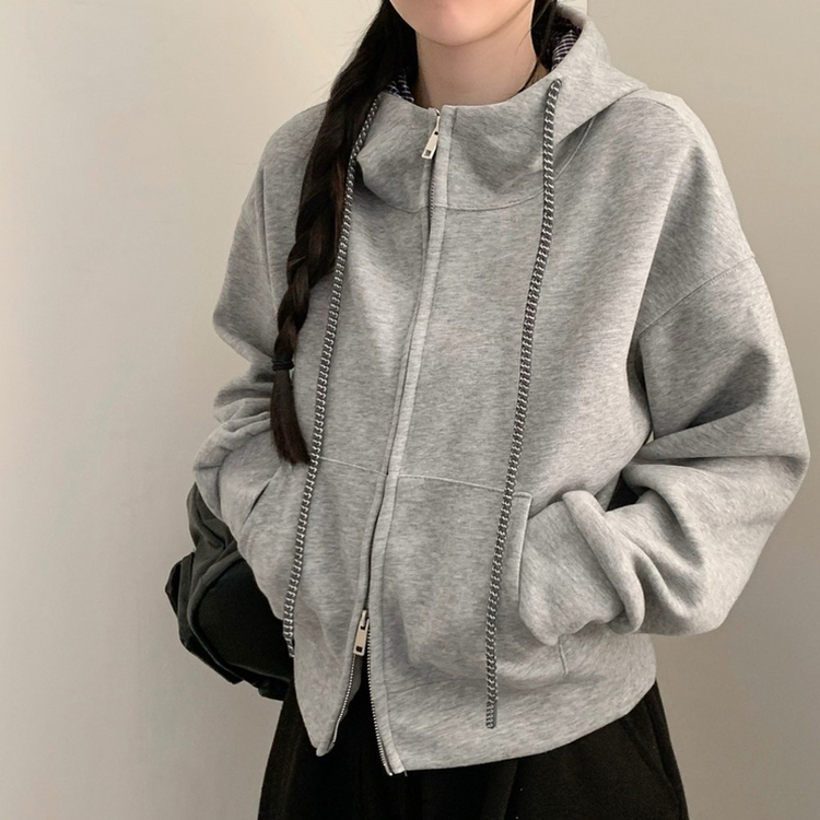 チェックハイネック2wayフードパーカー GREY