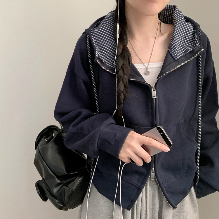 チェックハイネック2wayフードパーカー DARK BLUE