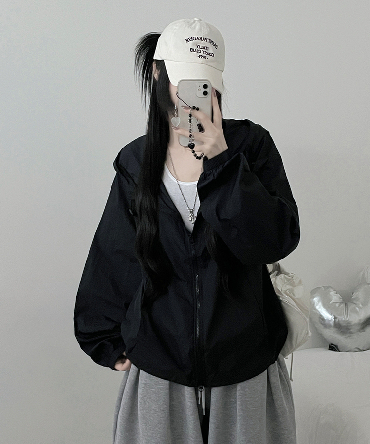 ナイロンストリング2wayフードブルゾン(5color) BLACK
