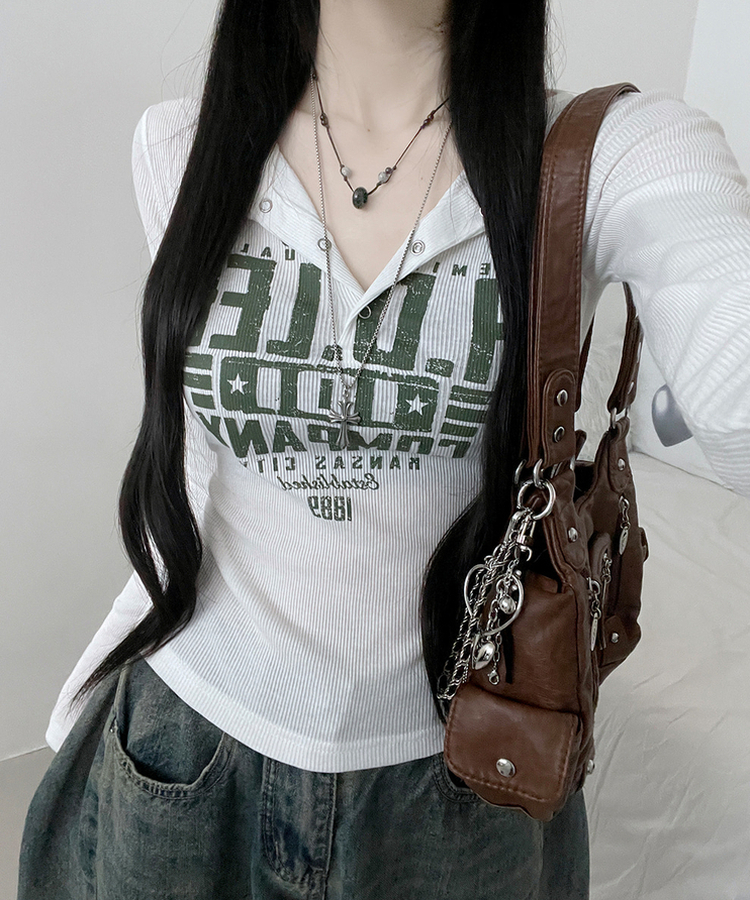 レタリングスナップクロップド長袖Tシャツ IVORY