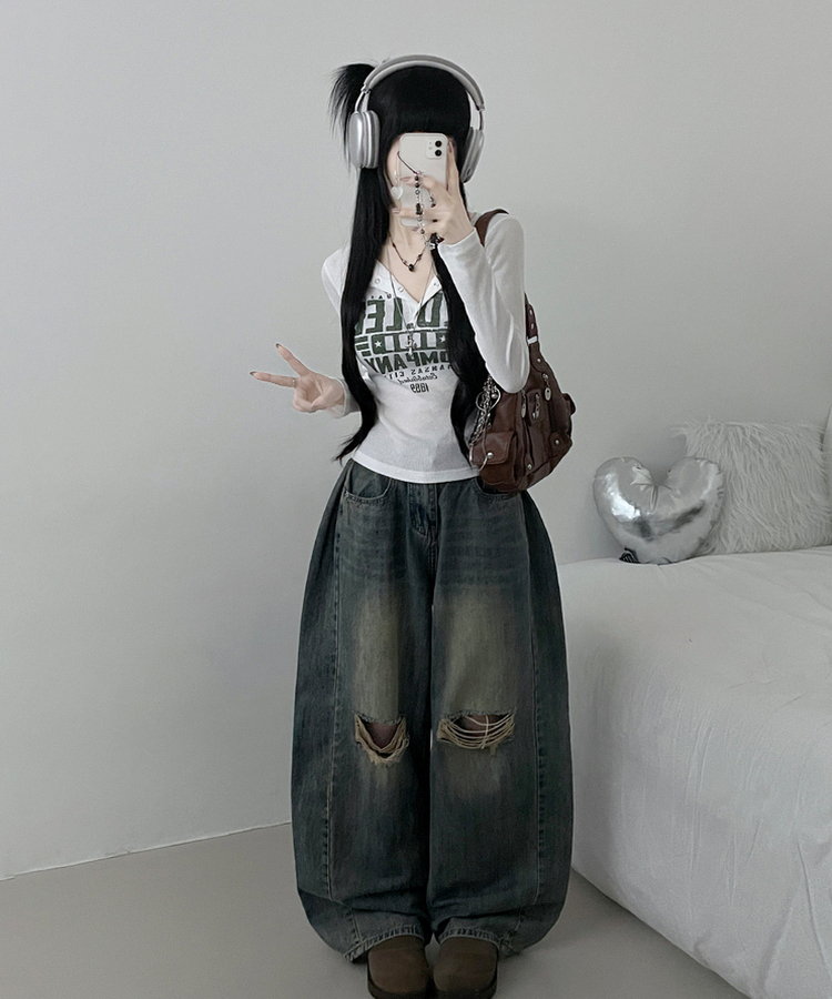 レタリングスナップクロップド長袖Tシャツ IVORY