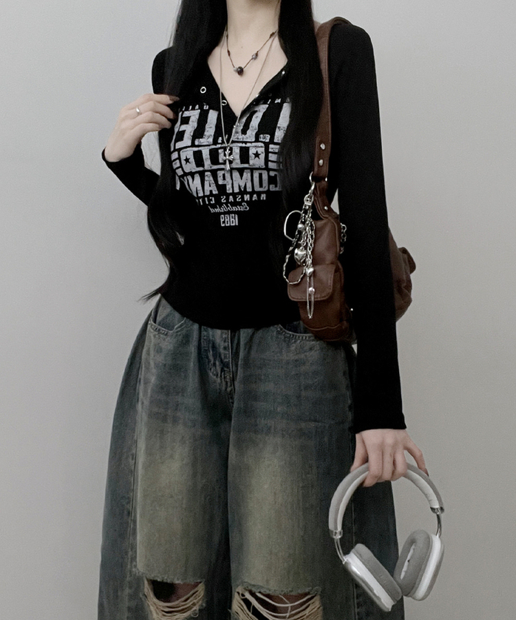 レタリングスナップクロップド長袖Tシャツ BLACK