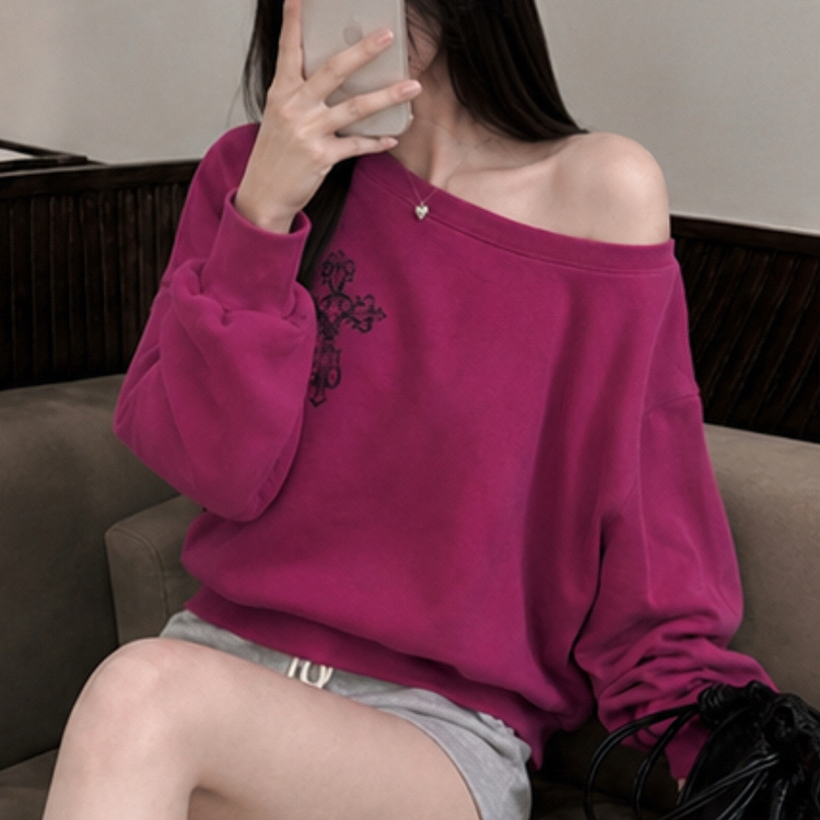 クロスオフショルダールーズスウェット PLUM