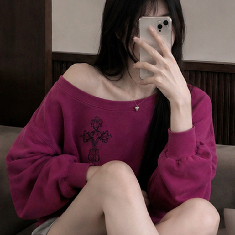 クロスオフショルダールーズスウェット PLUM