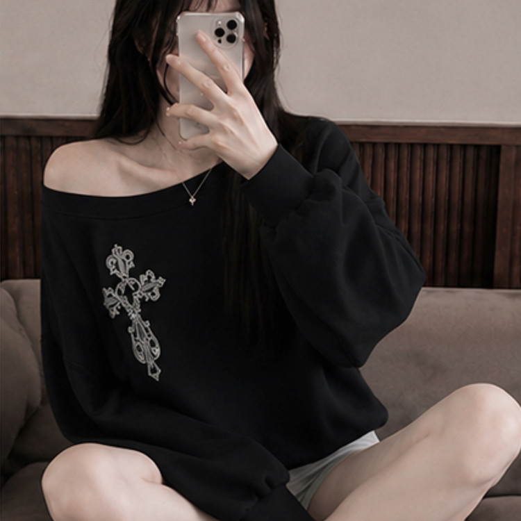 クロスオフショルダールーズスウェット BLACK