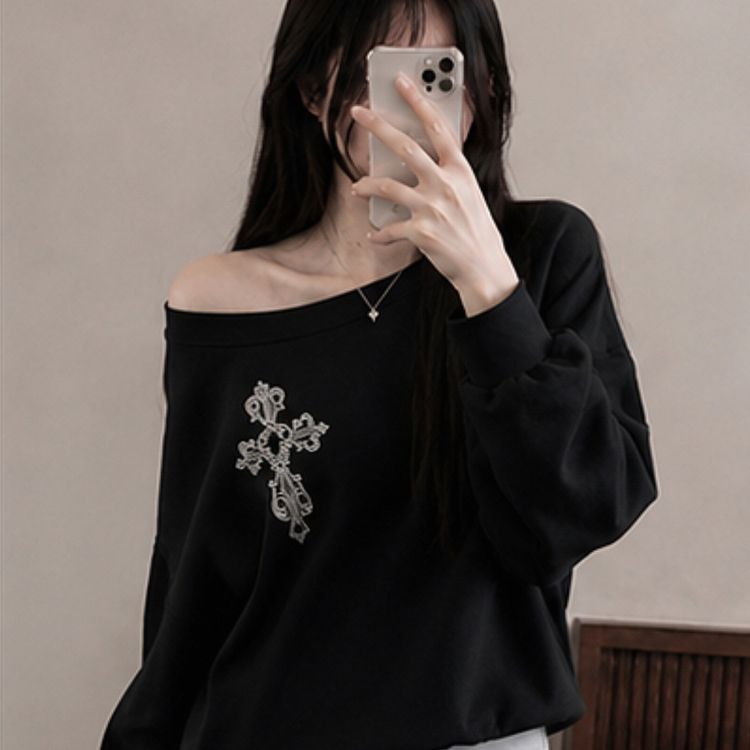 クロスオフショルダールーズスウェット BLACK