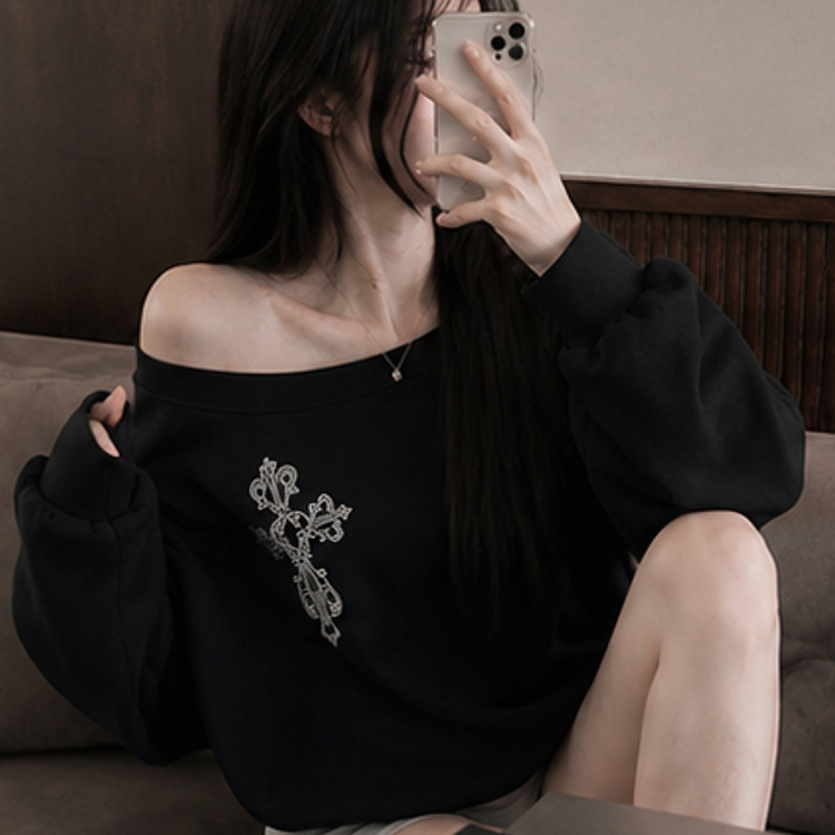 クロスオフショルダールーズスウェット BLACK