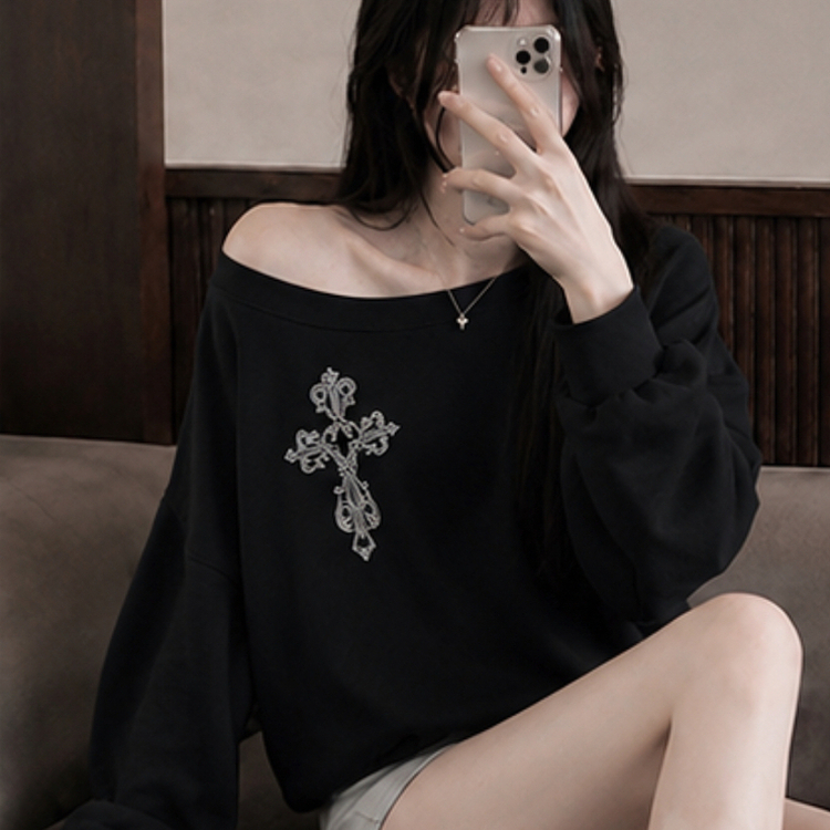 クロスオフショルダールーズスウェット BLACK