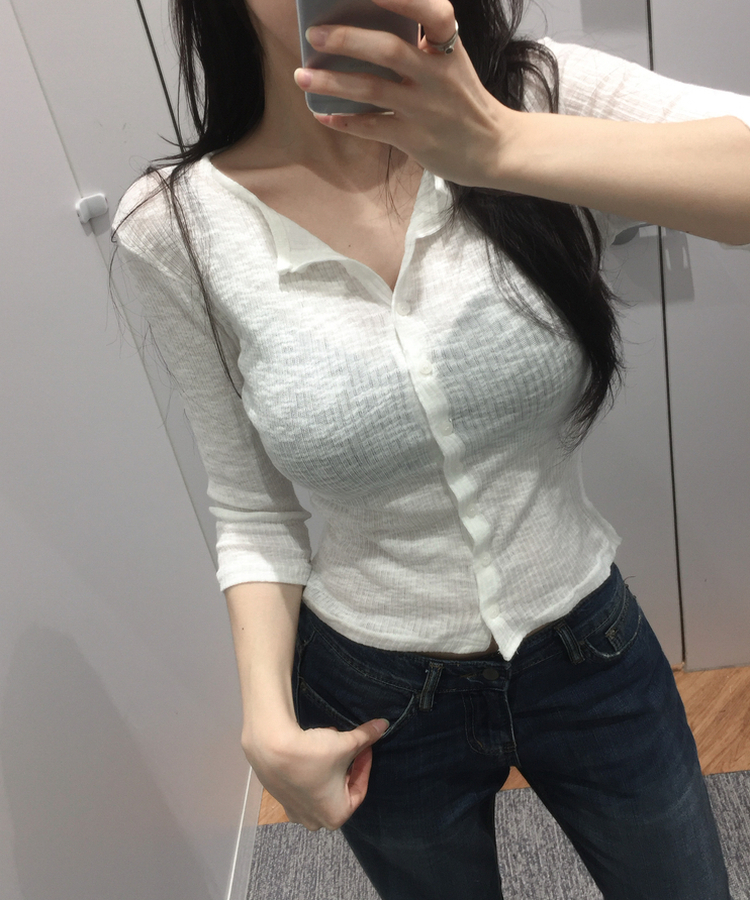 シンプル七分袖リブカーディガン(7color) IVORY