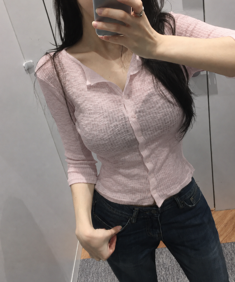 シンプル七分袖リブカーディガン(7color) PINK
