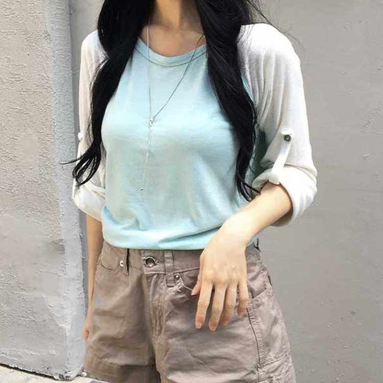 ロールアップチェックボタンラグランTシャツ MINT