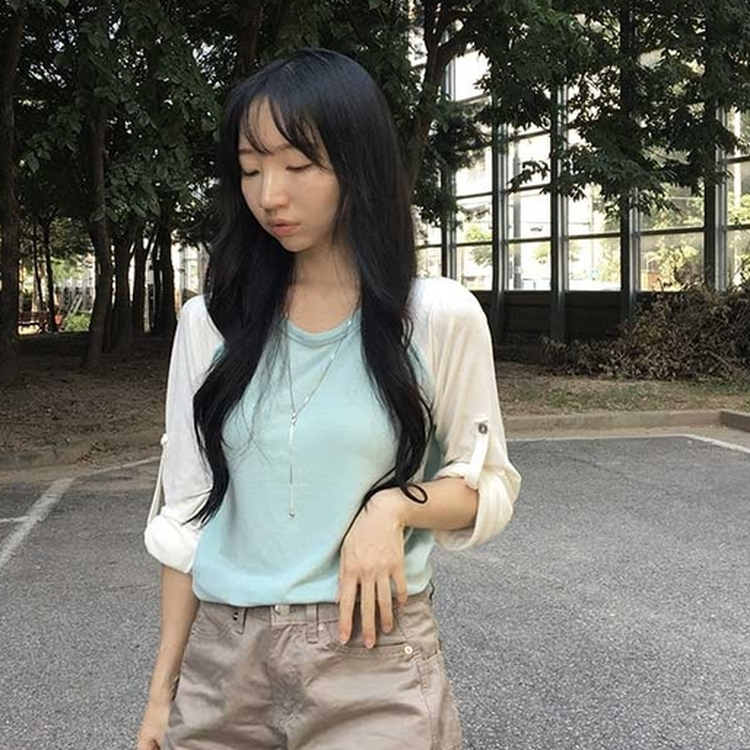 ロールアップチェックボタンラグランTシャツ MINT