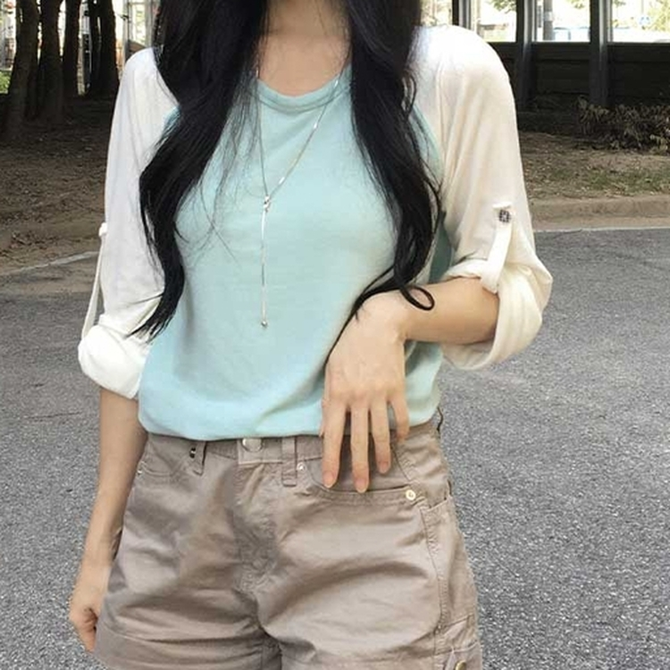 ロールアップチェックボタンラグランTシャツ MINT