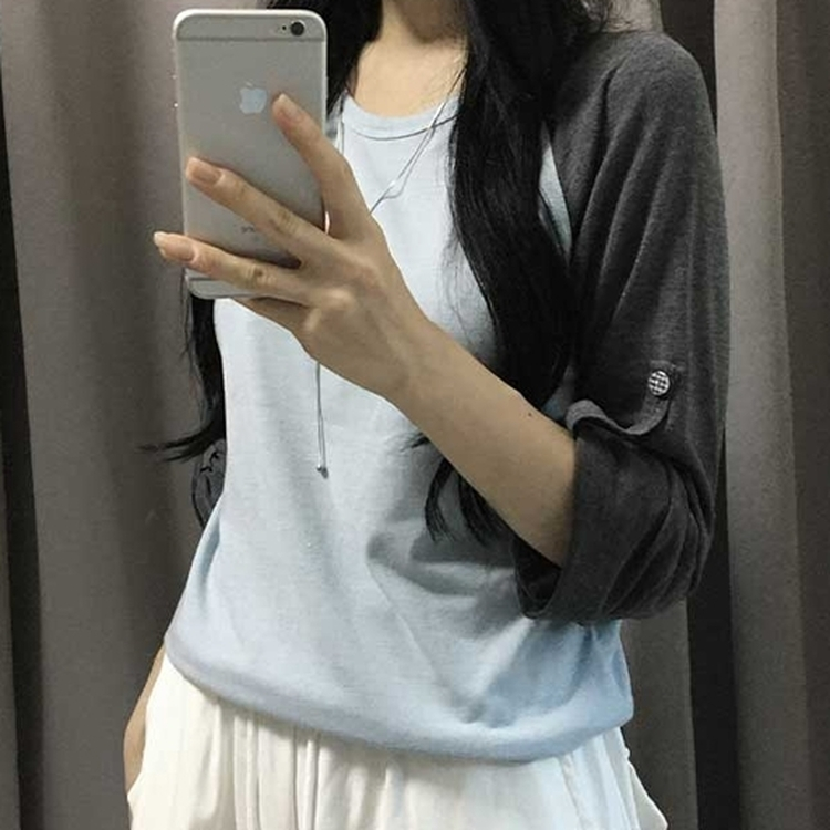 ロールアップチェックボタンラグランTシャツ SKY BLUE