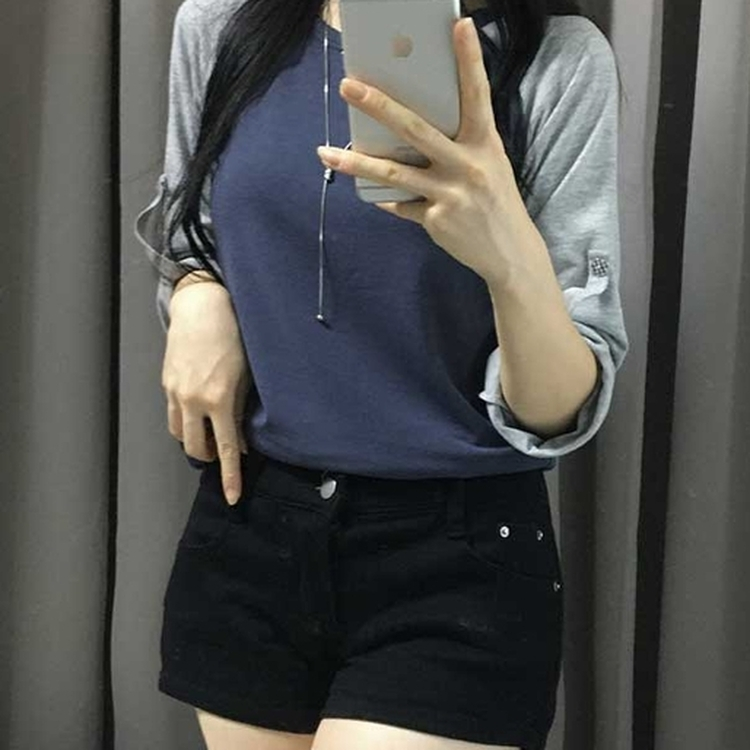 ロールアップチェックボタンラグランTシャツ NAVY
