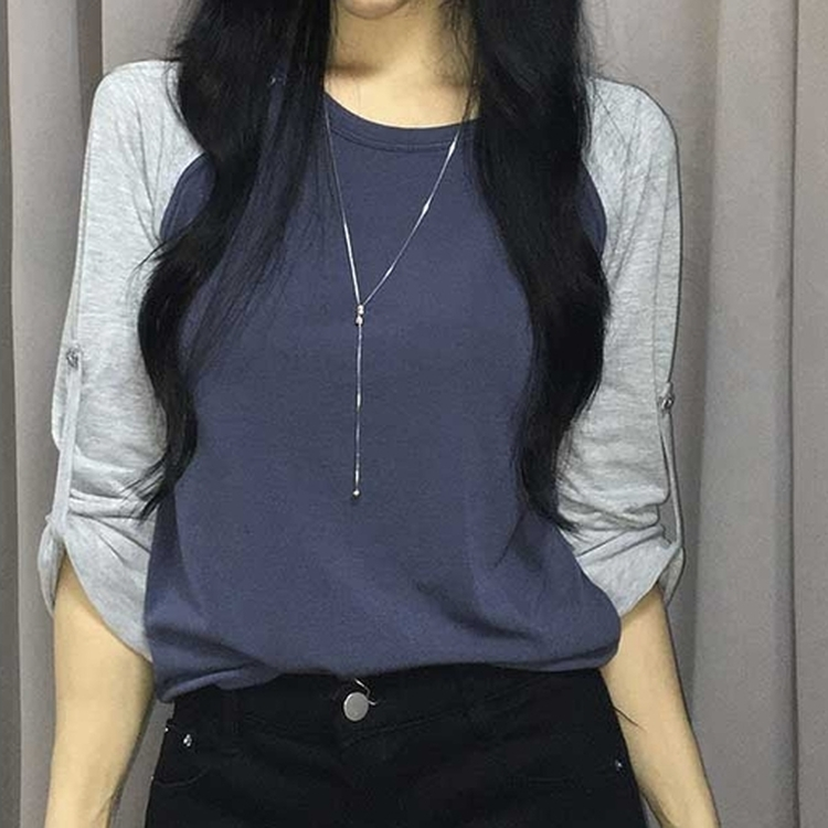 ロールアップチェックボタンラグランTシャツ NAVY