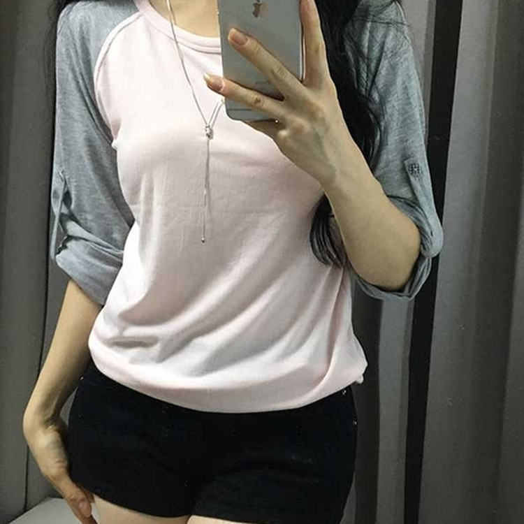 ロールアップチェックボタンラグランTシャツ PINK
