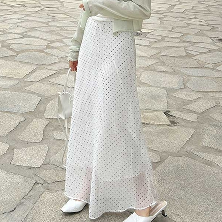 ドットウエストゴムロングスカート WHITE
