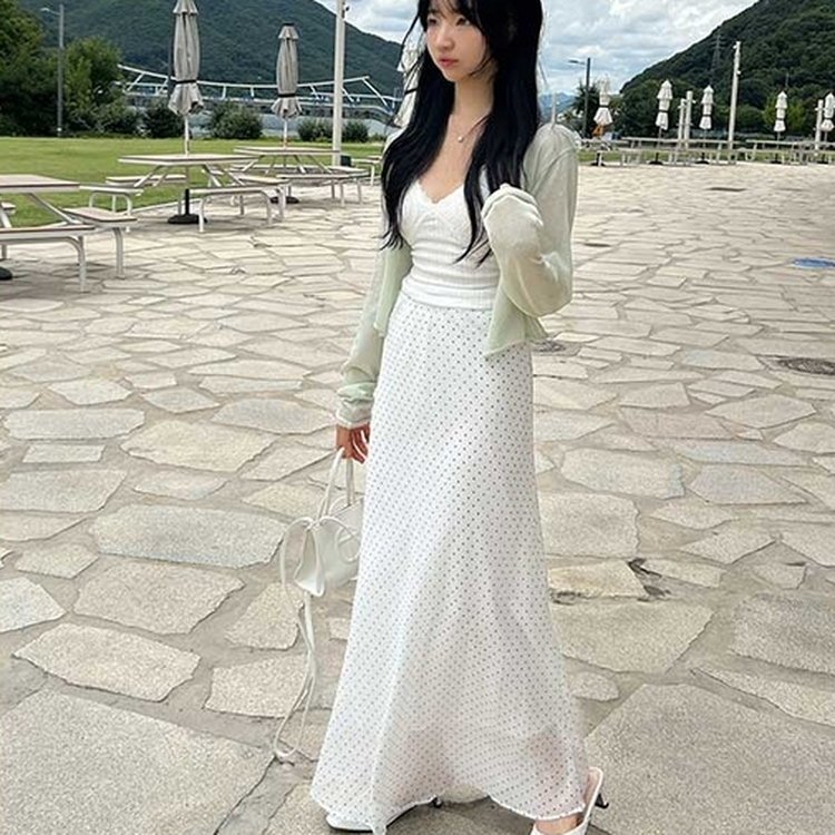ドットウエストゴムロングスカート WHITE