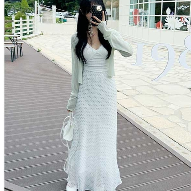 ドットウエストゴムロングスカート WHITE