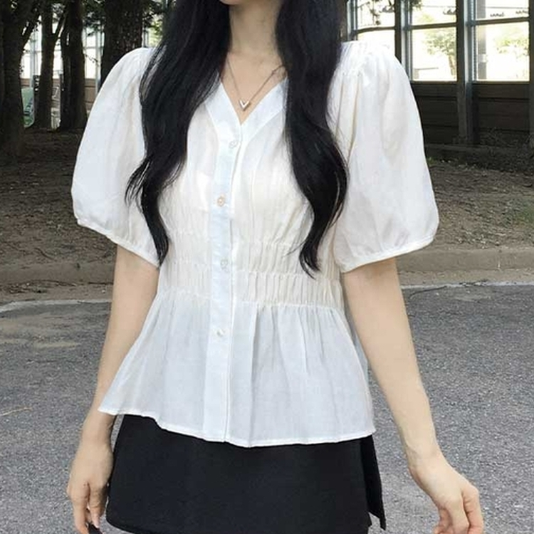 Vネックシャーリングパフ半袖ブラウス IVORY