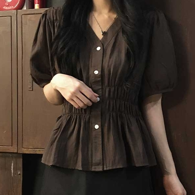 Vネックシャーリングパフ半袖ブラウス BROWN