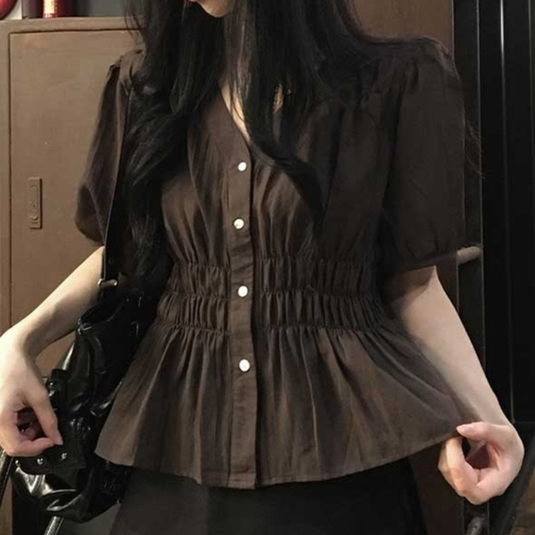 Vネックシャーリングパフ半袖ブラウス BROWN