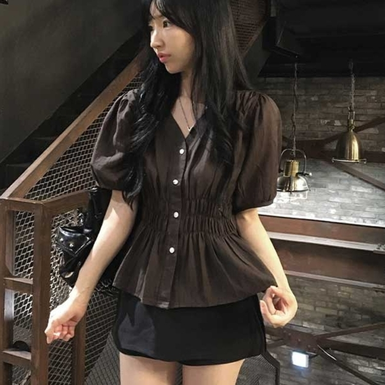 Vネックシャーリングパフ半袖ブラウス BROWN