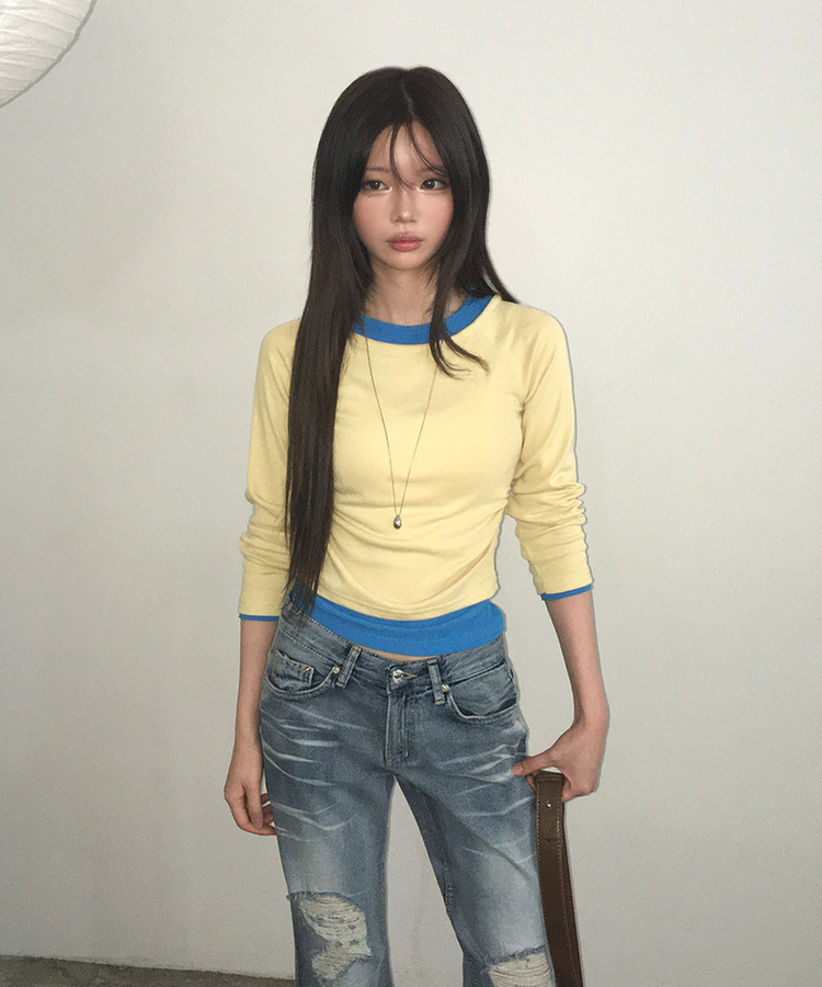 レイヤードスリムTシャツ(6color) YELLOW