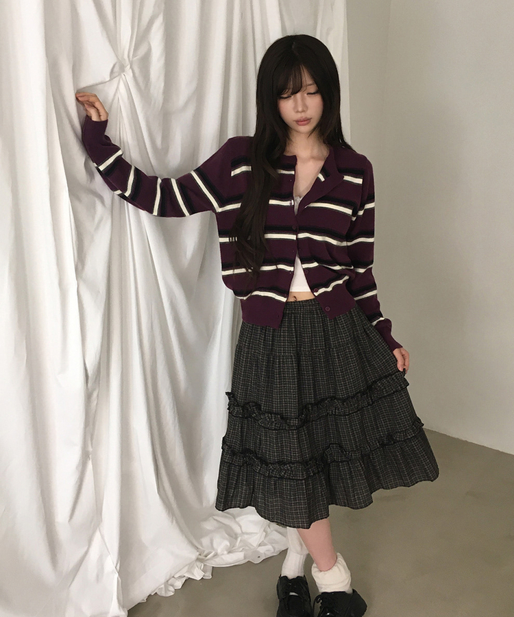 ルーズストライプボタンニットカーディガン PURPLE
