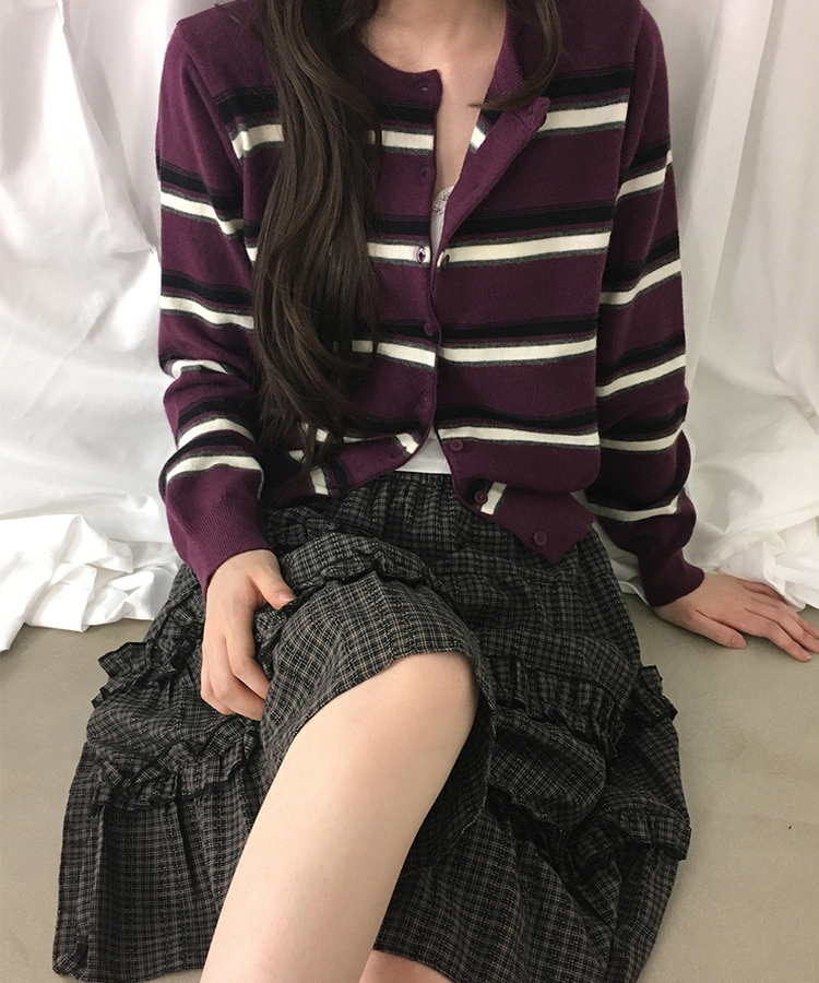 ルーズストライプボタンニットカーディガン PURPLE