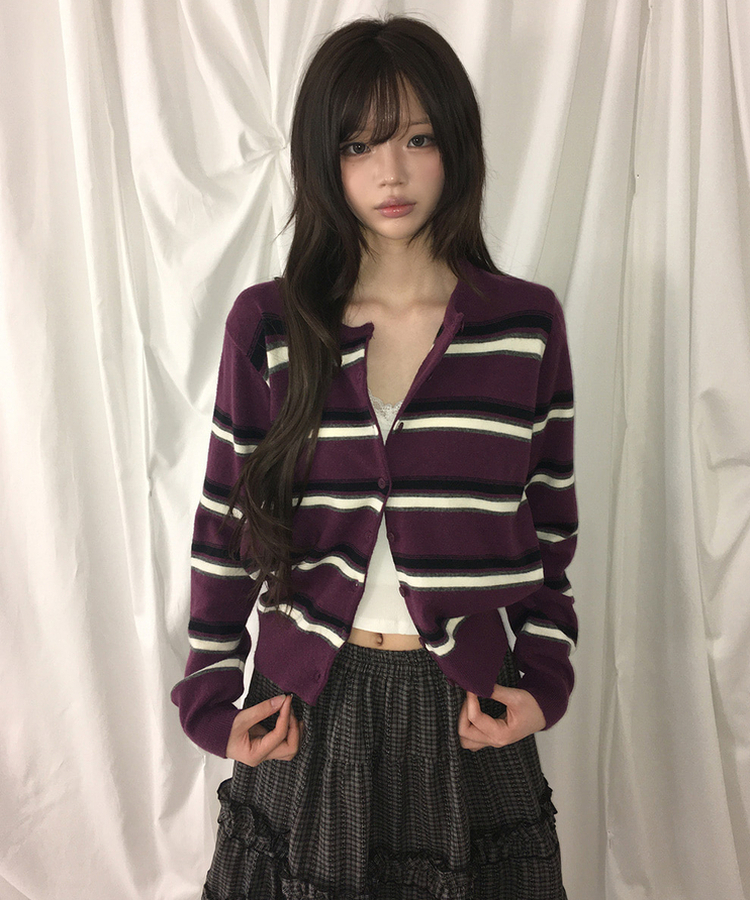 ルーズストライプボタンニットカーディガン PURPLE