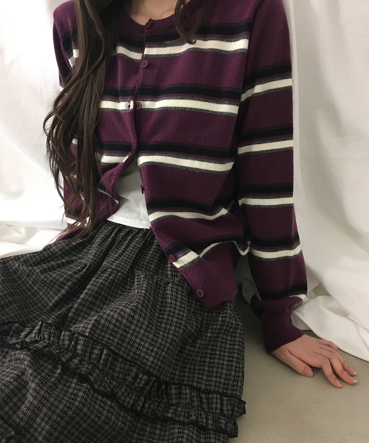 ルーズストライプボタンニットカーディガン PURPLE