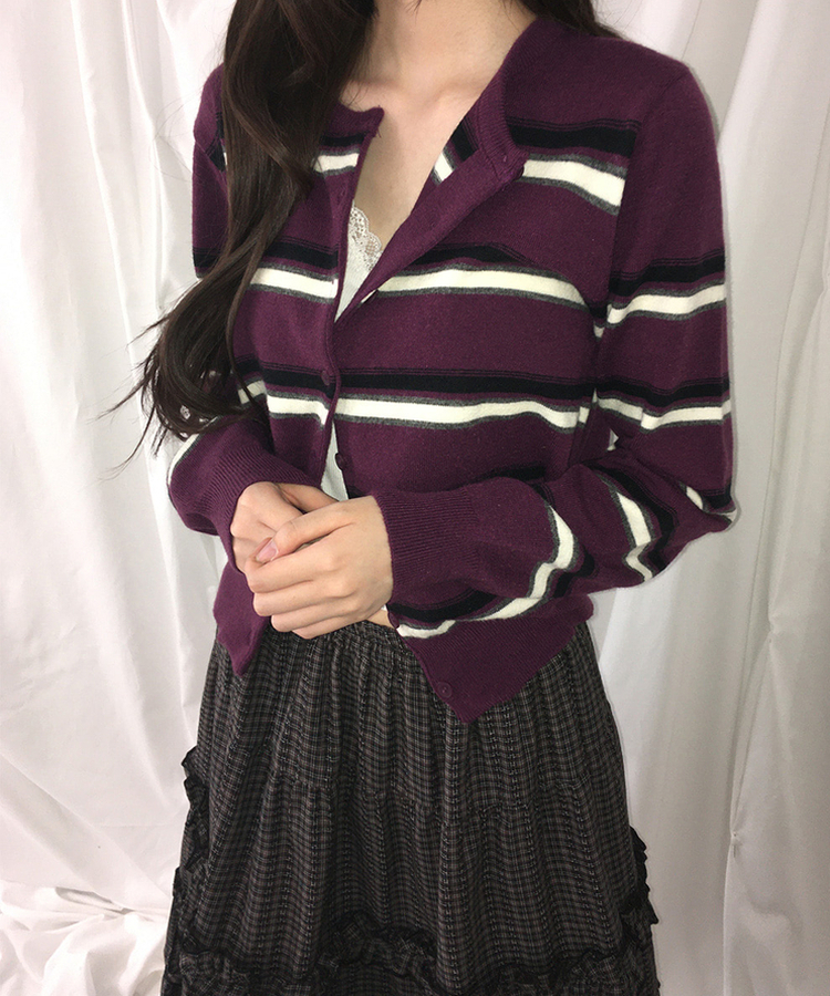 ルーズストライプボタンニットカーディガン PURPLE