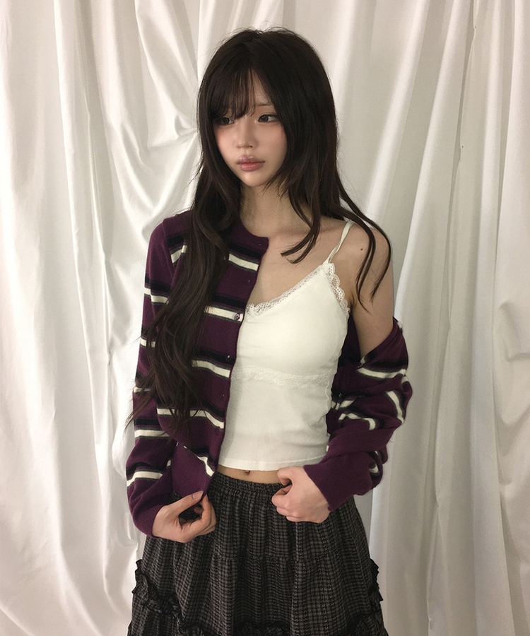 ルーズストライプボタンニットカーディガン PURPLE