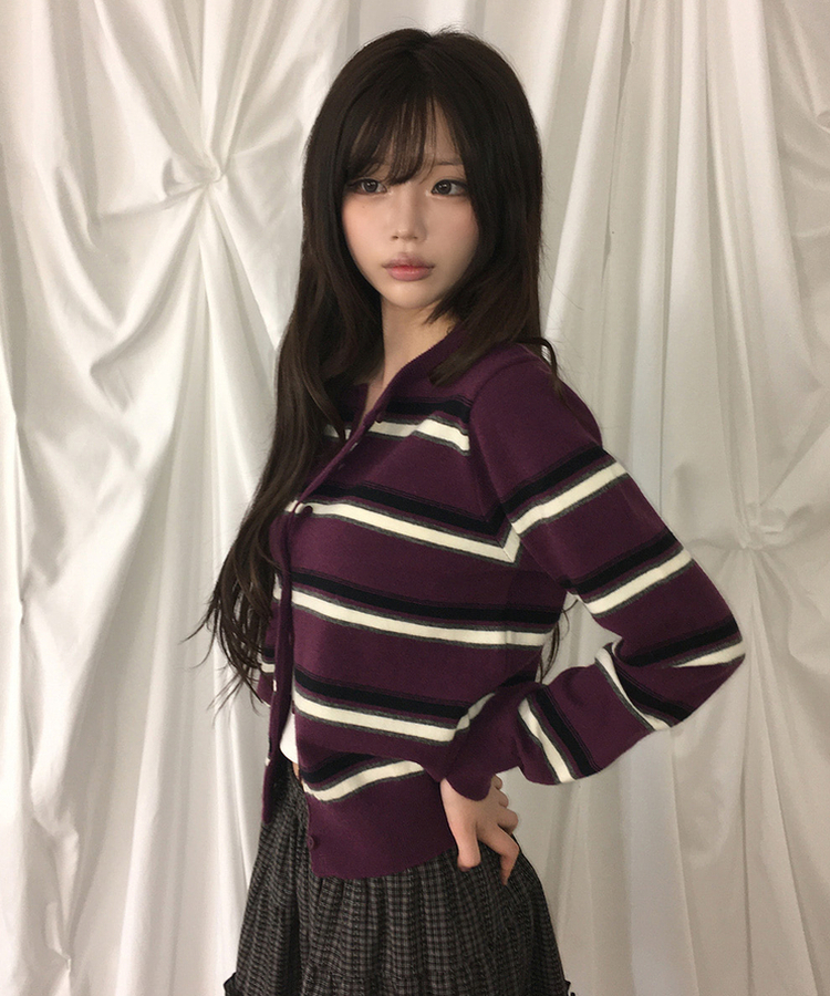 ルーズストライプボタンニットカーディガン PURPLE