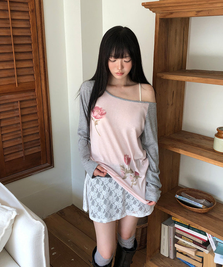 フラワーワンショルダー長袖Tシャツ PINK