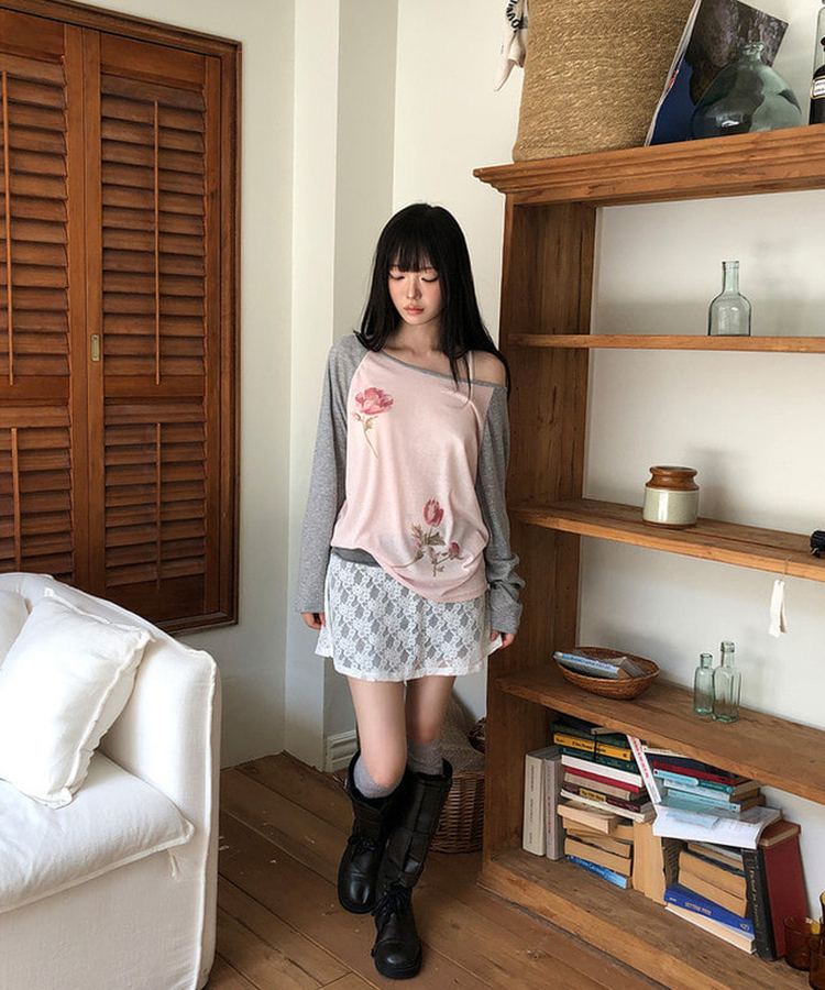 フラワーワンショルダー長袖Tシャツ PINK