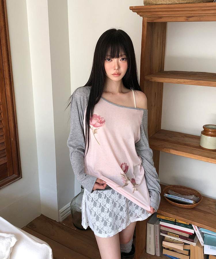 フラワーワンショルダー長袖Tシャツ PINK