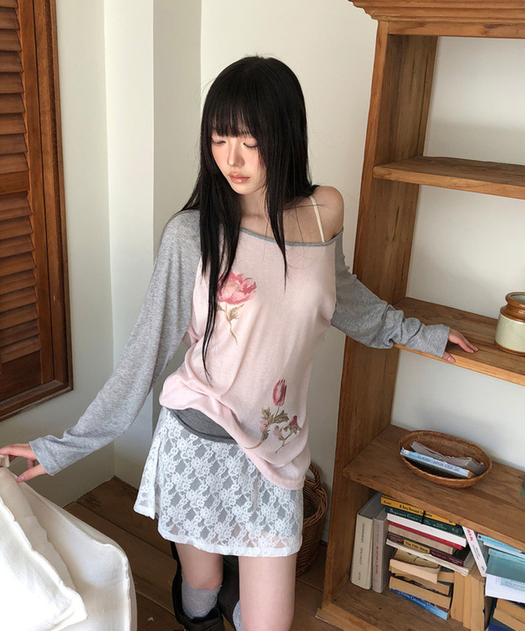 フラワーワンショルダー長袖Tシャツ PINK