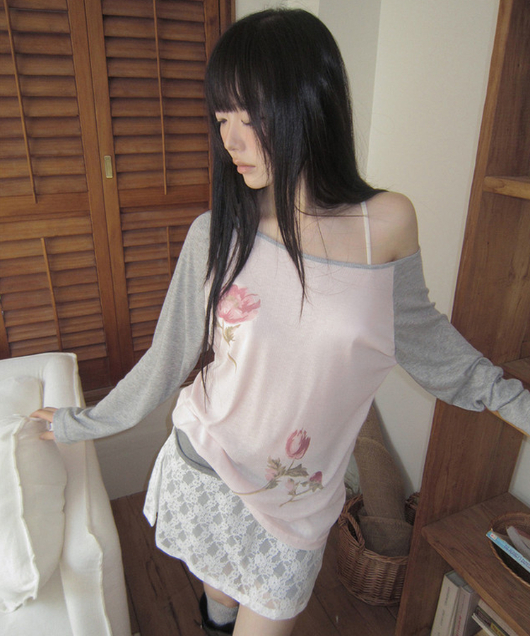 フラワーワンショルダー長袖Tシャツ PINK