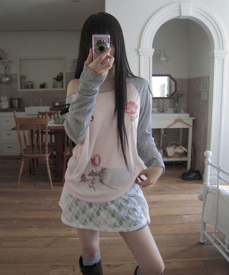 フラワーワンショルダー長袖Tシャツ PINK