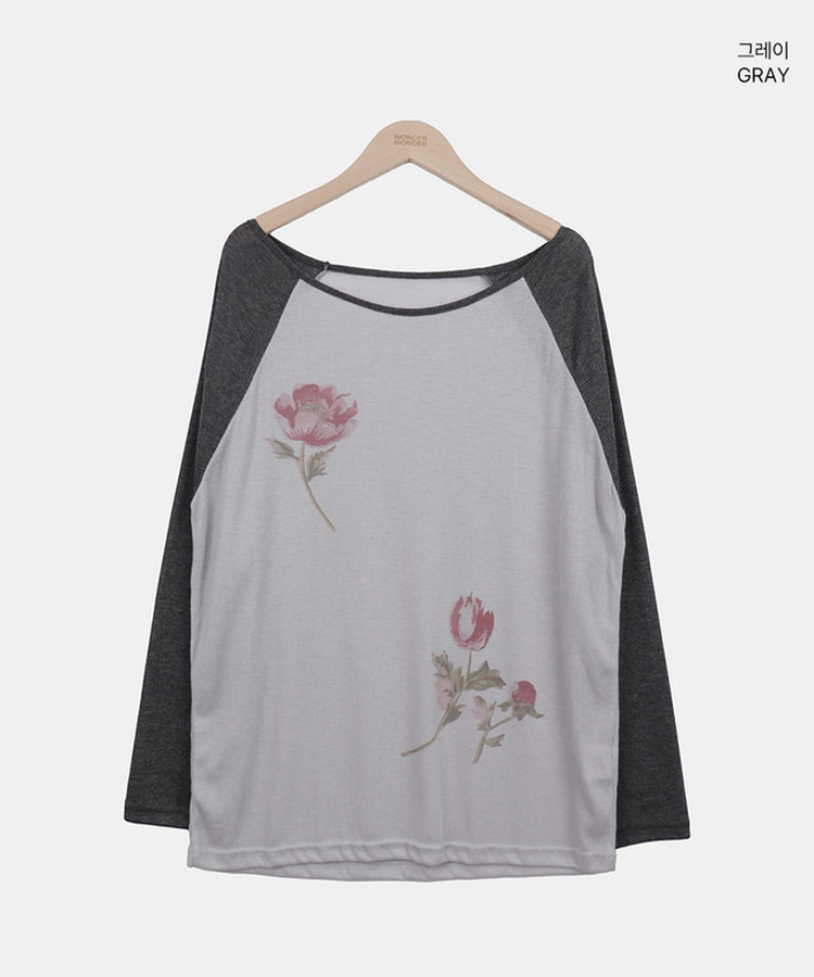 フラワーワンショルダー長袖Tシャツ