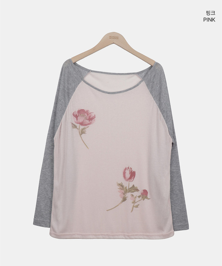 フラワーワンショルダー長袖Tシャツ