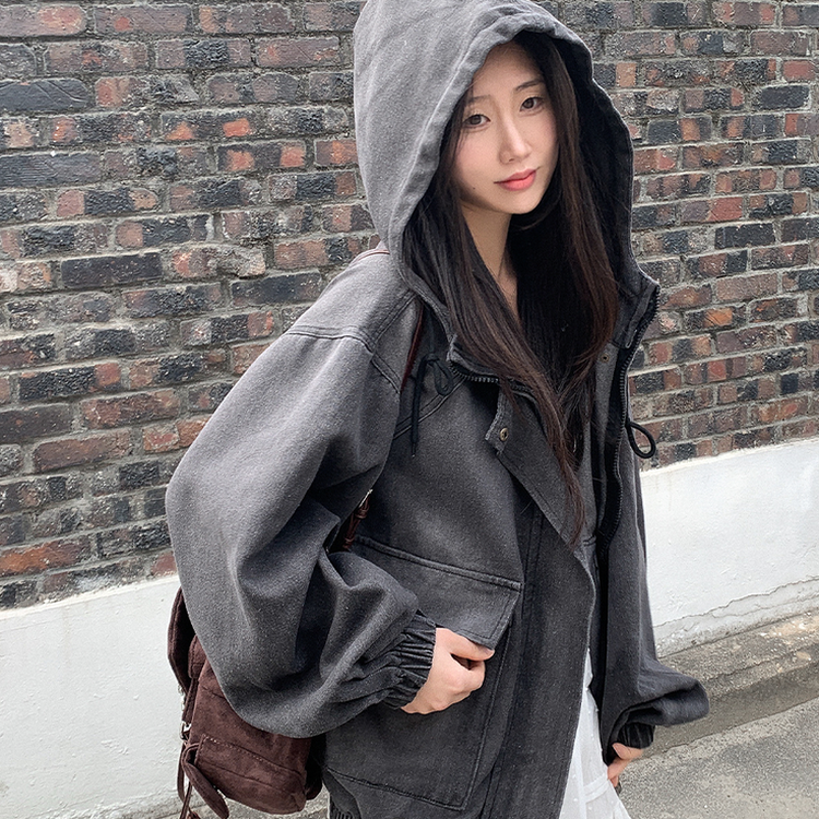 オーバーサイズフードジップアップデニムジャケット BLACK DENIM