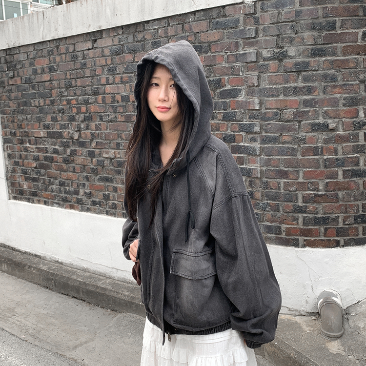 オーバーサイズフードジップアップデニムジャケット BLACK DENIM